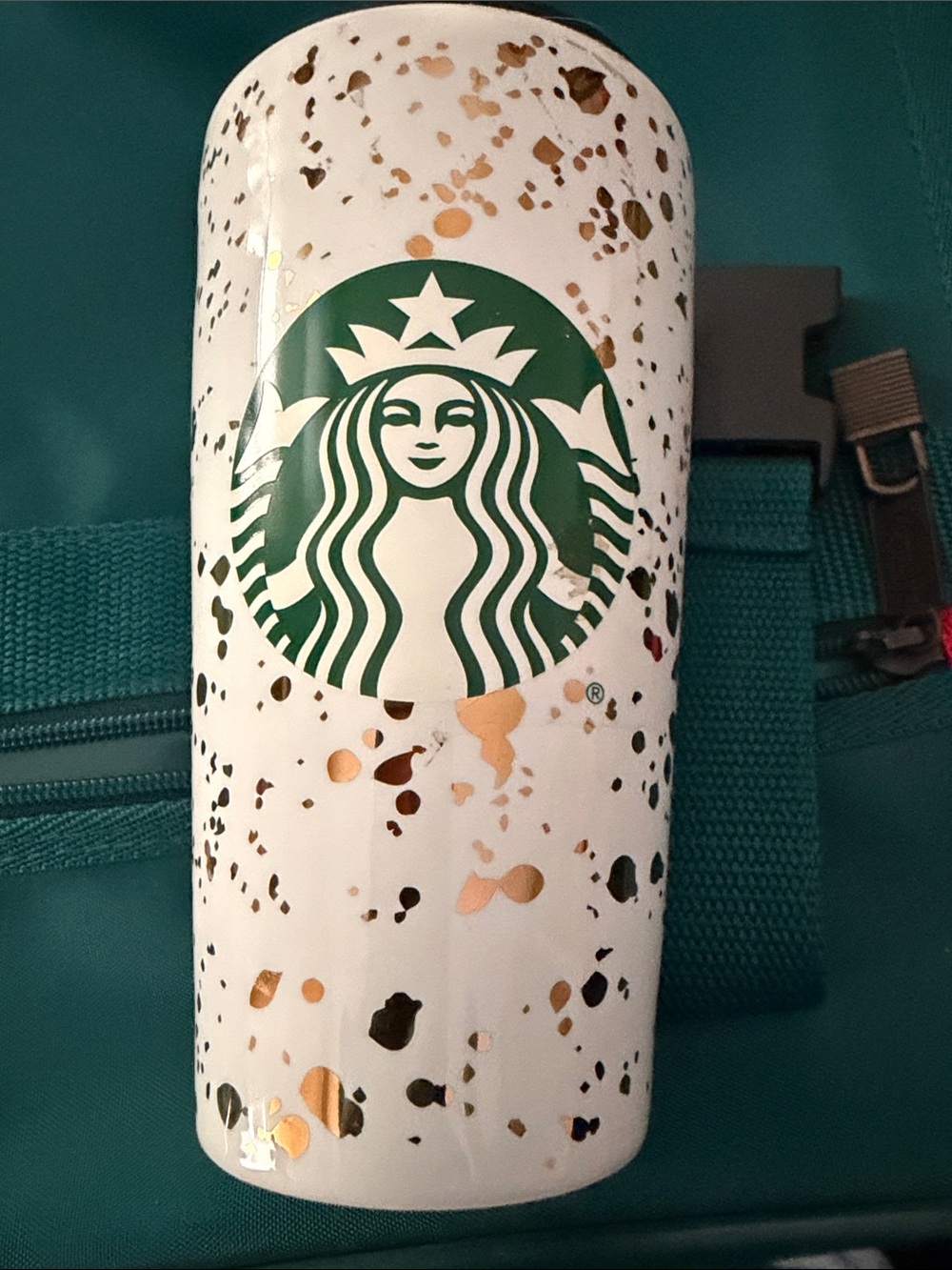 Starbucks White Tumbler with Green Logo and Gold Fleck Accents